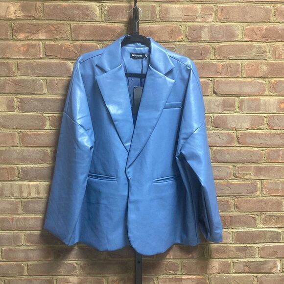 Pretty Little Thing Blue Faux Leather Drop Shoulder Oversized Dad Blazer Size 10 - Picture 4 of 8